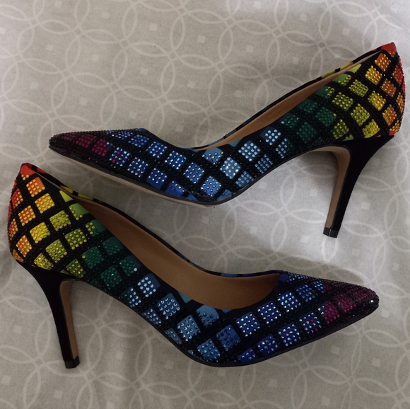 Rainbow Rhinestone Black Diamond Pattern Heels Size 6 - Picture 5 of 7